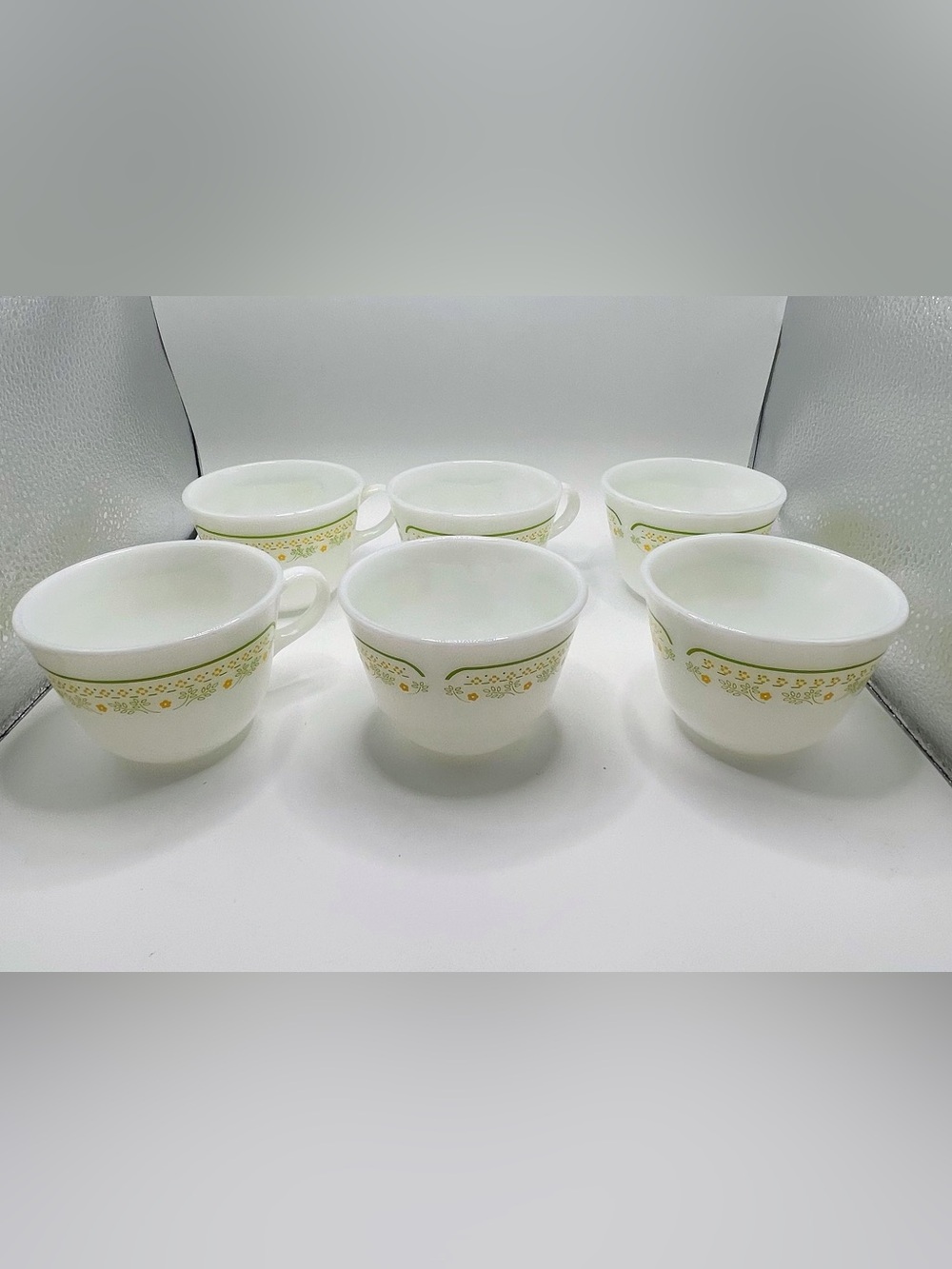 Pyrex White Mugs with Yellow Floral Band and Green Accents
